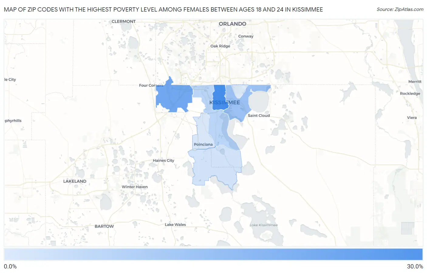 Zip Codes with the Highest Poverty Level Among Females Between Ages 18 and 24 in Kissimmee Map