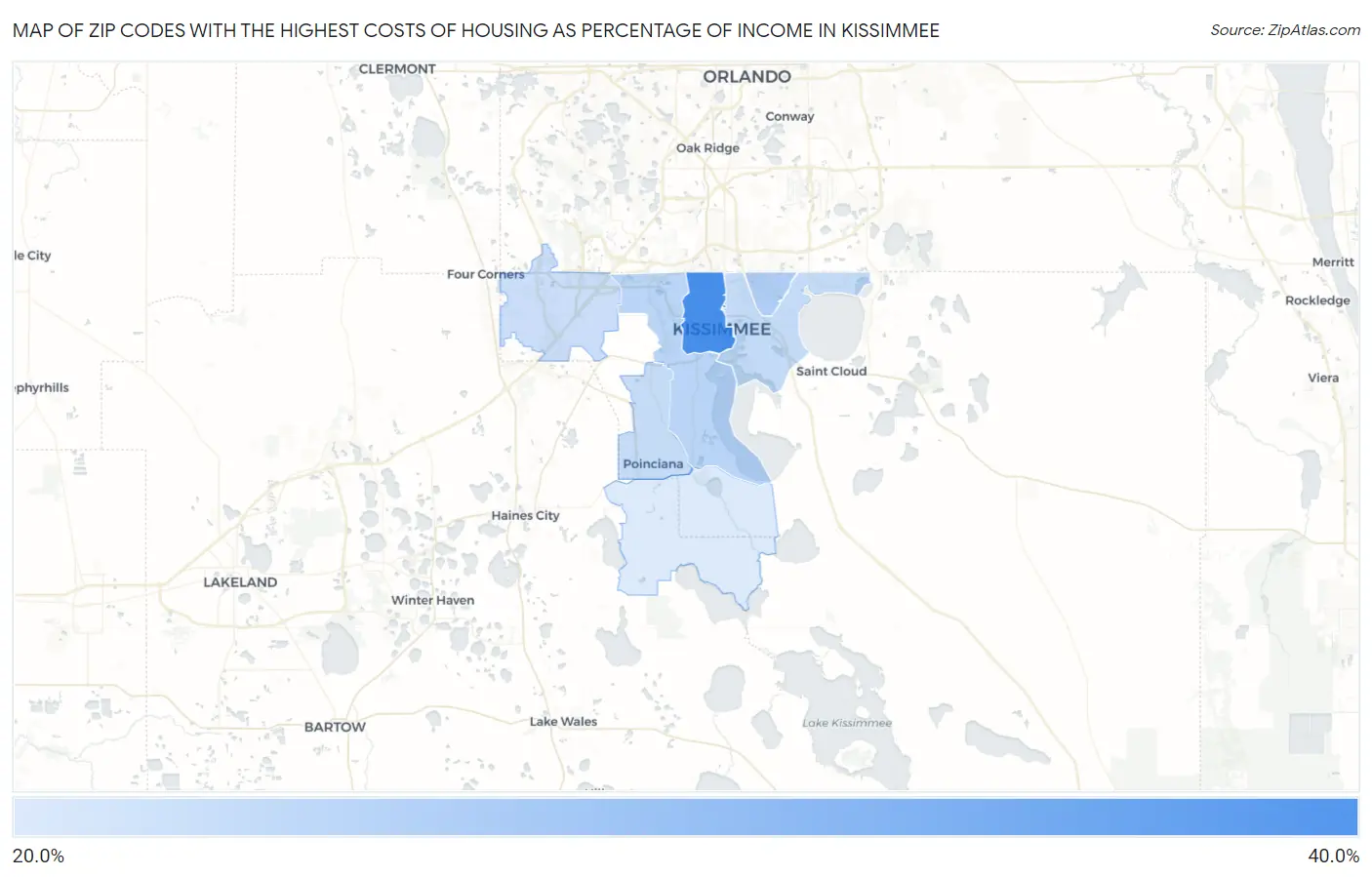 Zip Codes with the Highest Costs of Housing as Percentage of Income in Kissimmee Map