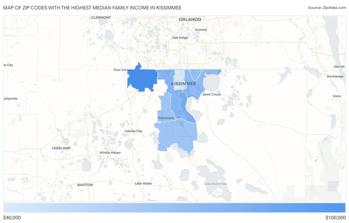 Zip Codes with the Highest Median Family Income in Kissimmee Map
