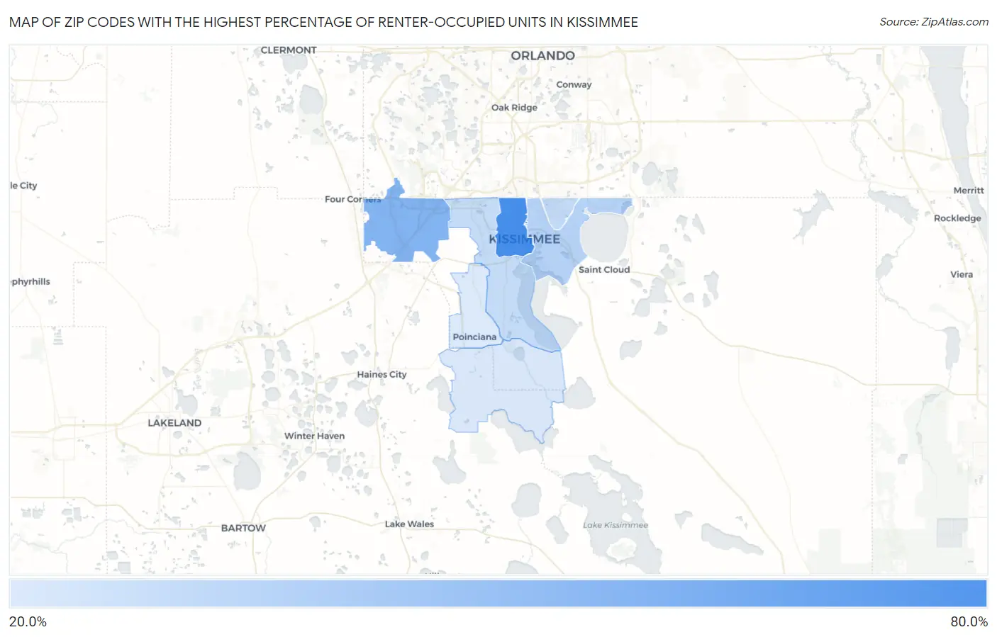 Zip Codes with the Highest Percentage of Renter-Occupied Units in Kissimmee Map