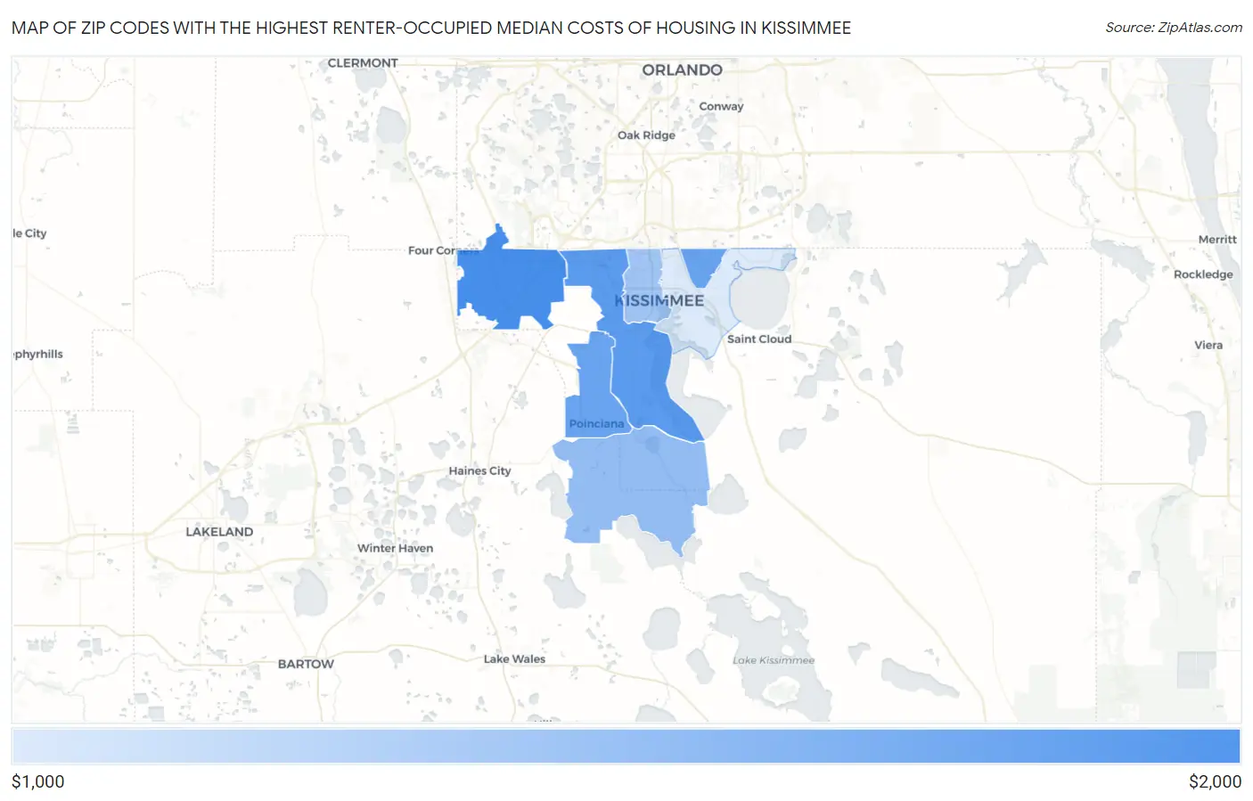 Zip Codes with the Highest Renter-Occupied Median Costs of Housing in Kissimmee Map