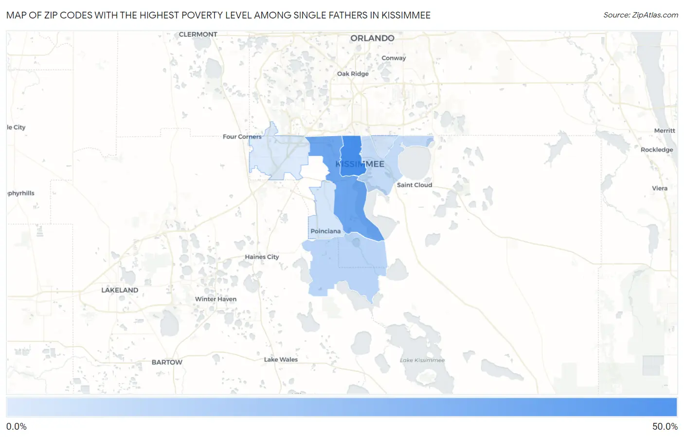 Zip Codes with the Highest Poverty Level Among Single Fathers in Kissimmee Map