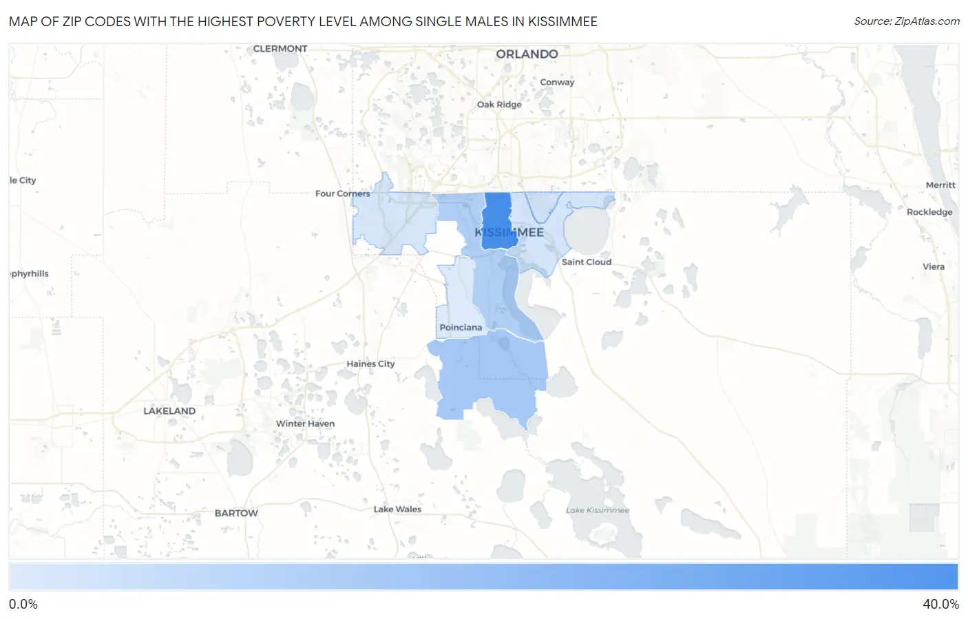 Zip Codes with the Highest Poverty Level Among Single Males in Kissimmee Map