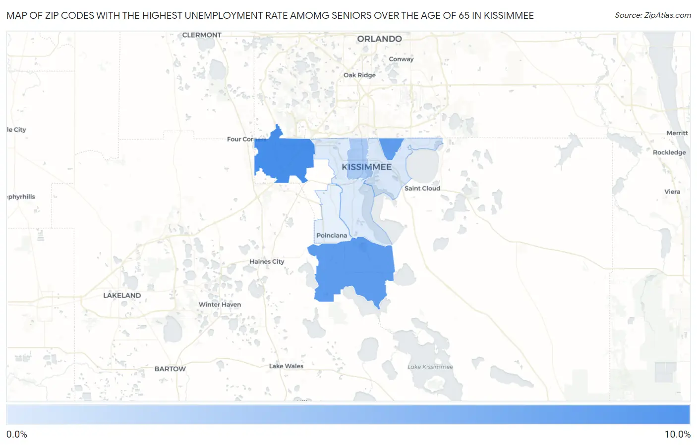 Zip Codes with the Highest Unemployment Rate Amomg Seniors Over the Age of 65 in Kissimmee Map