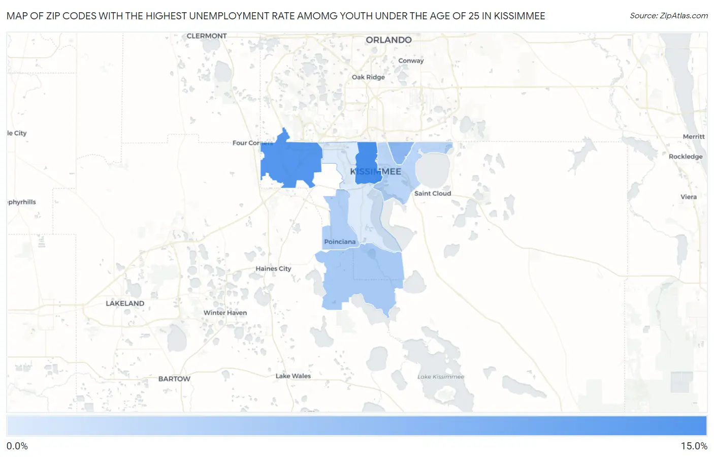 Zip Codes with the Highest Unemployment Rate Amomg Youth Under the Age of 25 in Kissimmee Map