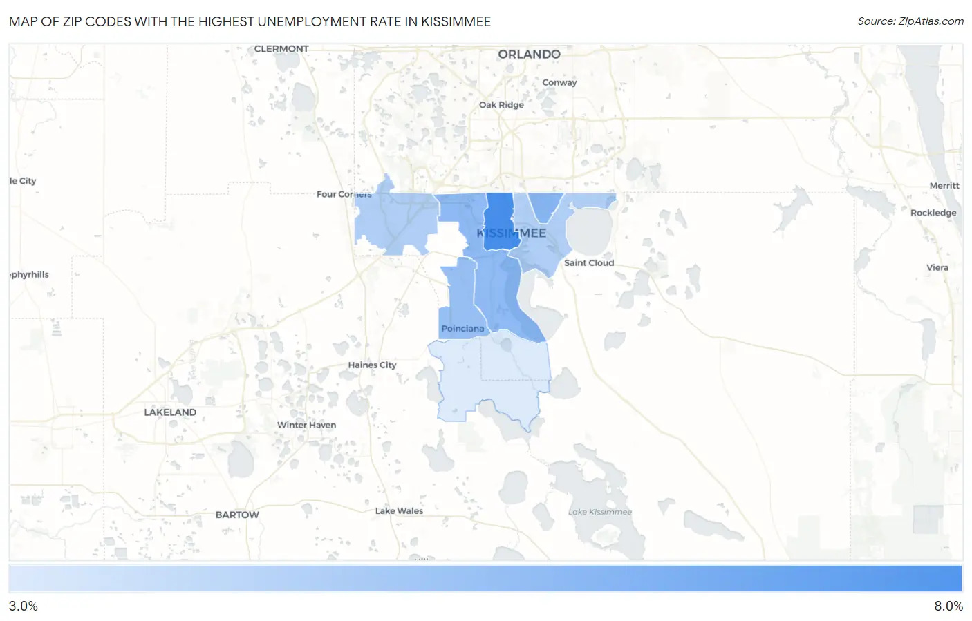 Zip Codes with the Highest Unemployment Rate in Kissimmee Map