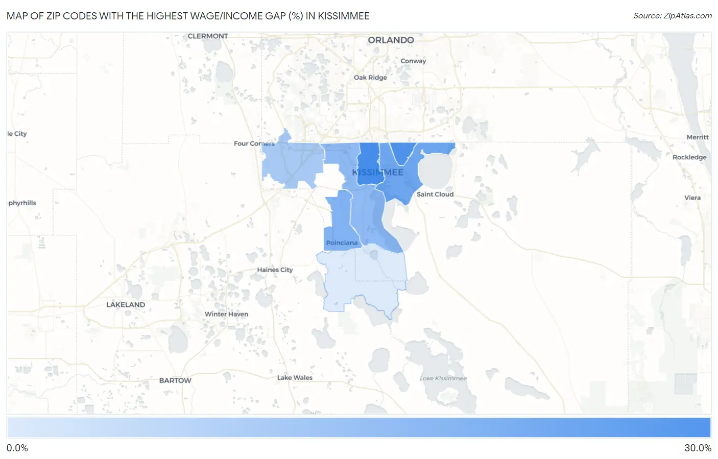 Zip Codes with the Highest Wage/Income Gap (%) in Kissimmee Map
