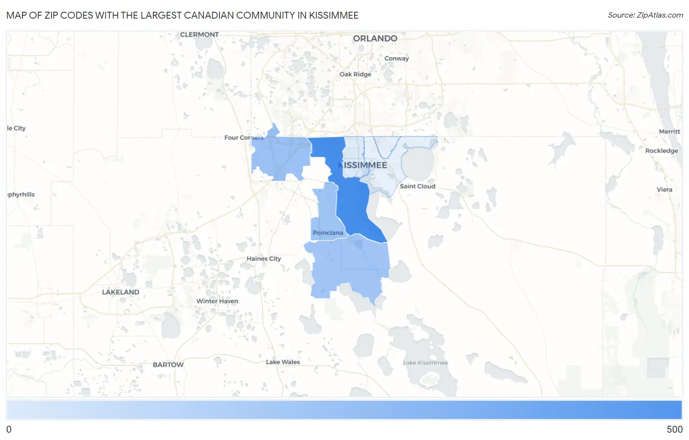 Zip Codes with the Largest Canadian Community in Kissimmee Map