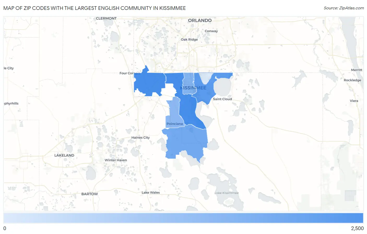 Zip Codes with the Largest English Community in Kissimmee Map