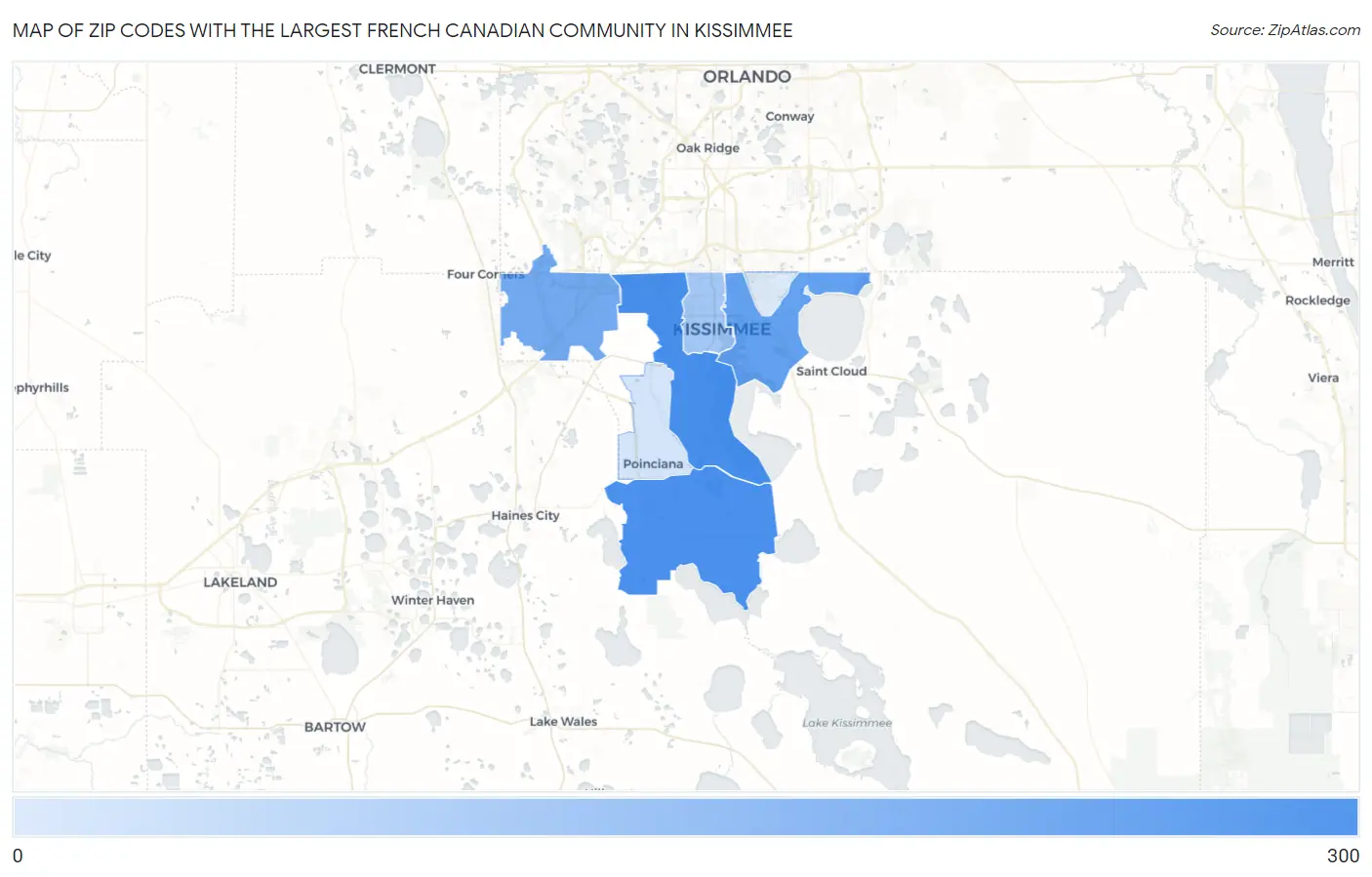 Zip Codes with the Largest French Canadian Community in Kissimmee Map