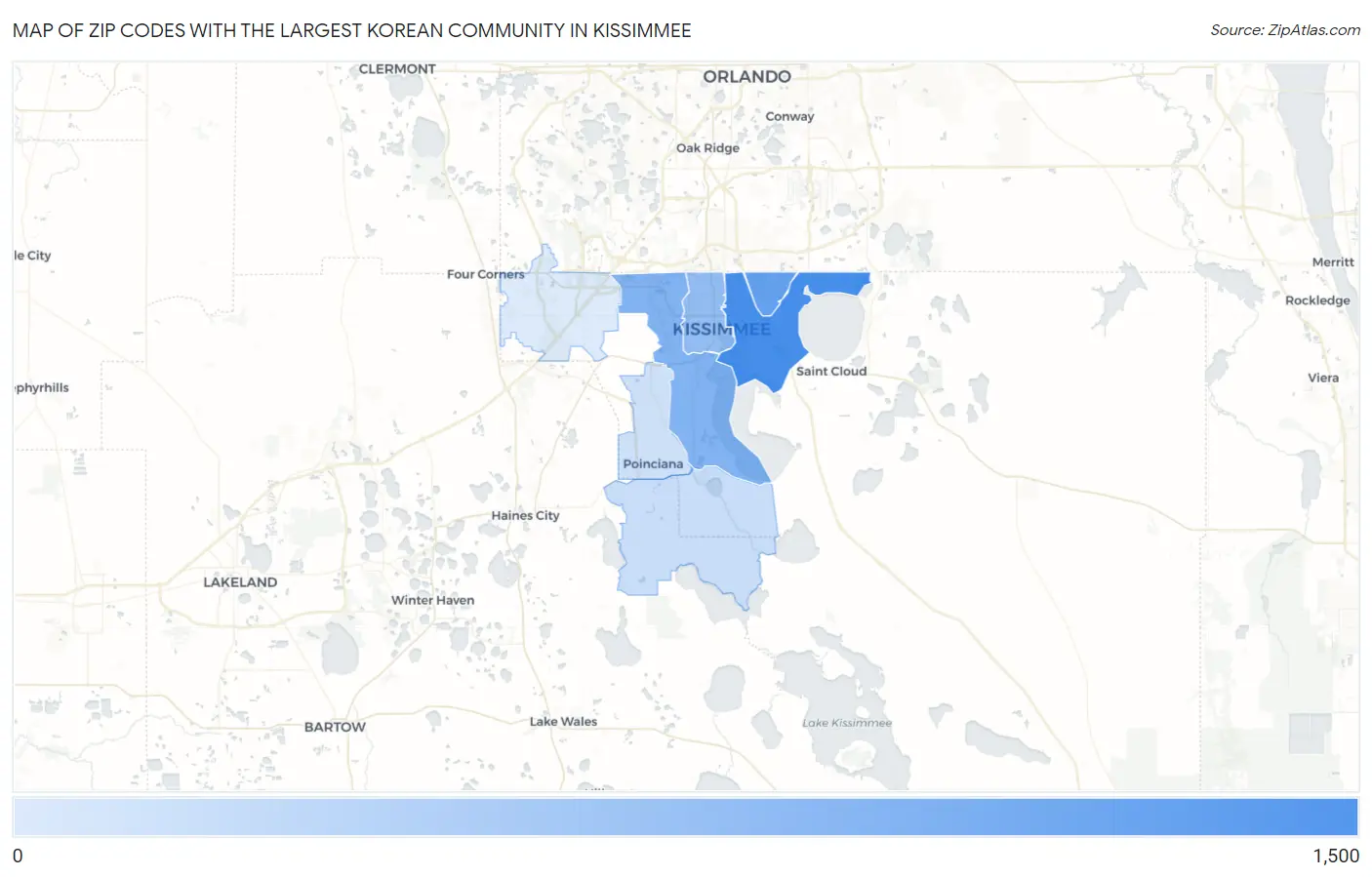 Zip Codes with the Largest Korean Community in Kissimmee Map