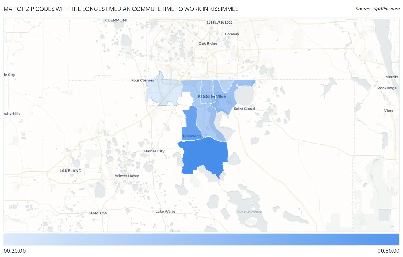 Zip Codes with the Longest Median Commute Time to Work in Kissimmee Map