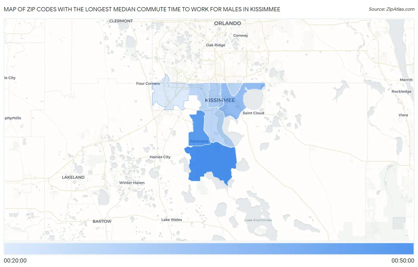 Zip Codes with the Longest Median Commute Time to Work for Males in Kissimmee Map