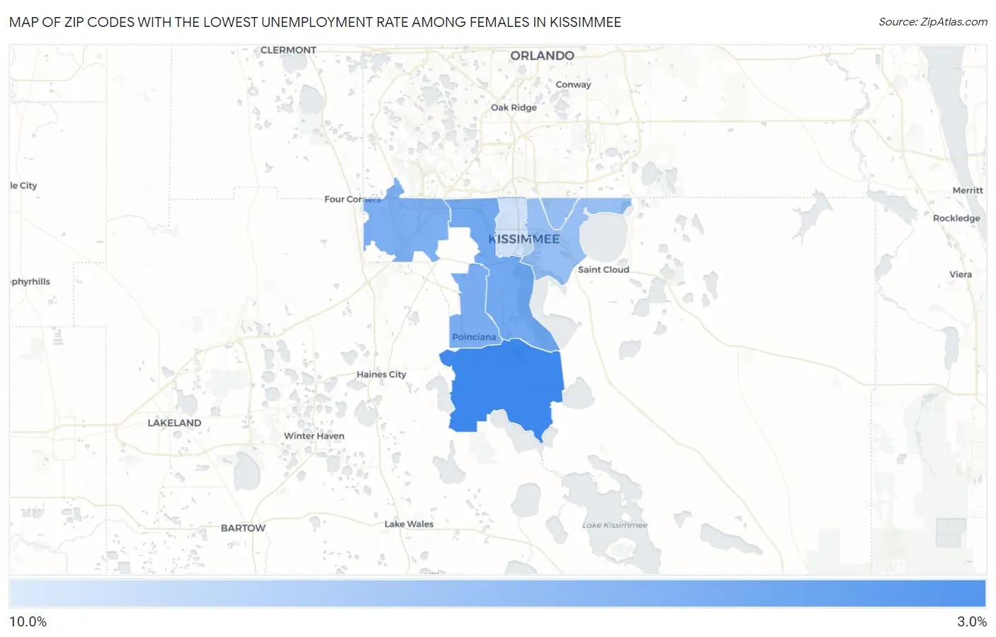 Zip Codes with the Lowest Unemployment Rate Among Females in Kissimmee Map