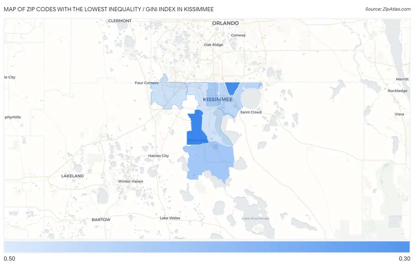 Zip Codes with the Lowest Inequality / Gini Index in Kissimmee Map