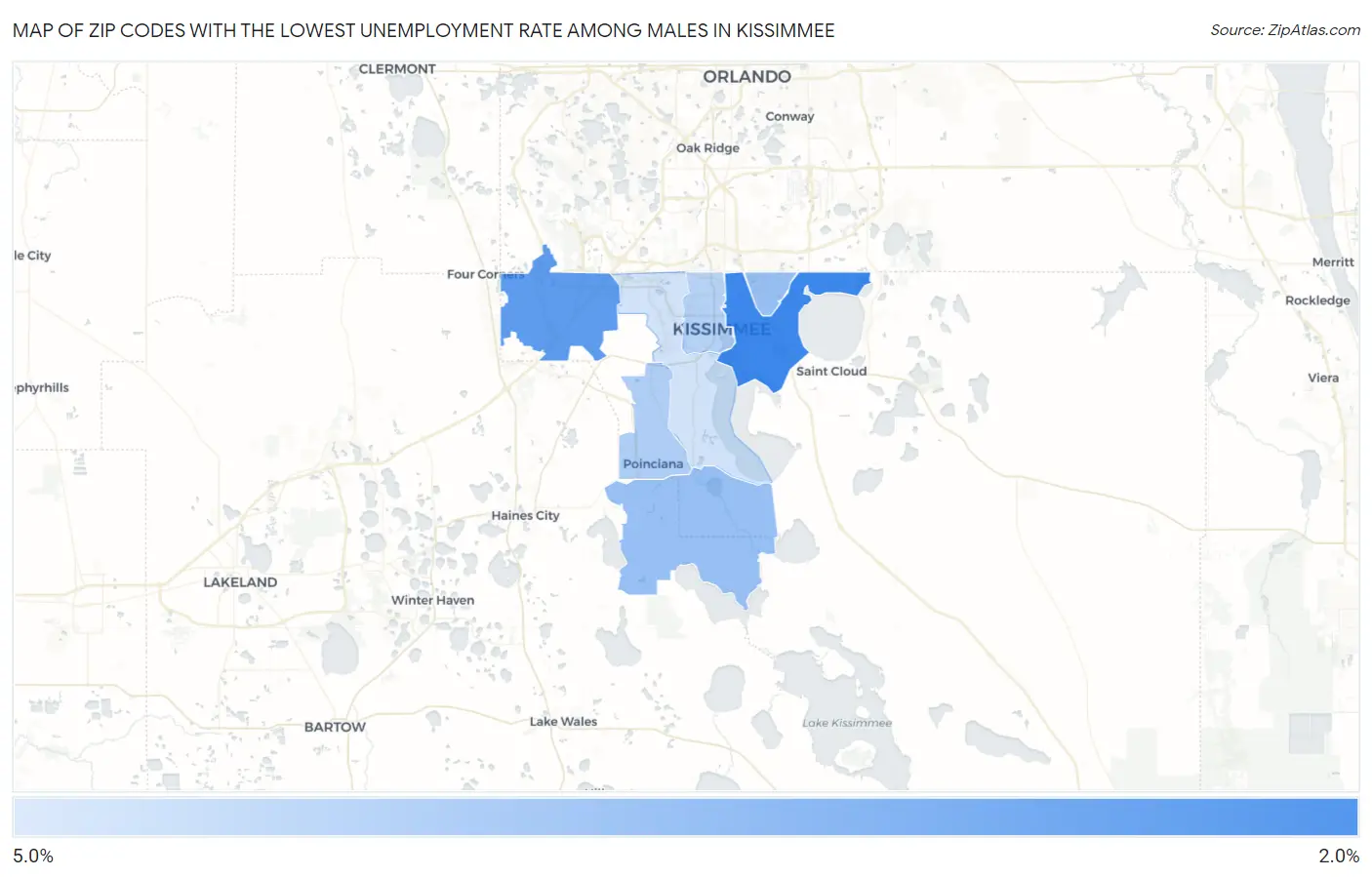 Zip Codes with the Lowest Unemployment Rate Among Males in Kissimmee Map