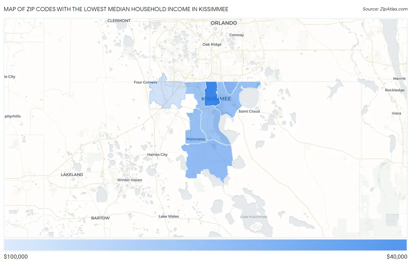 Zip Codes with the Lowest Median Household Income in Kissimmee Map
