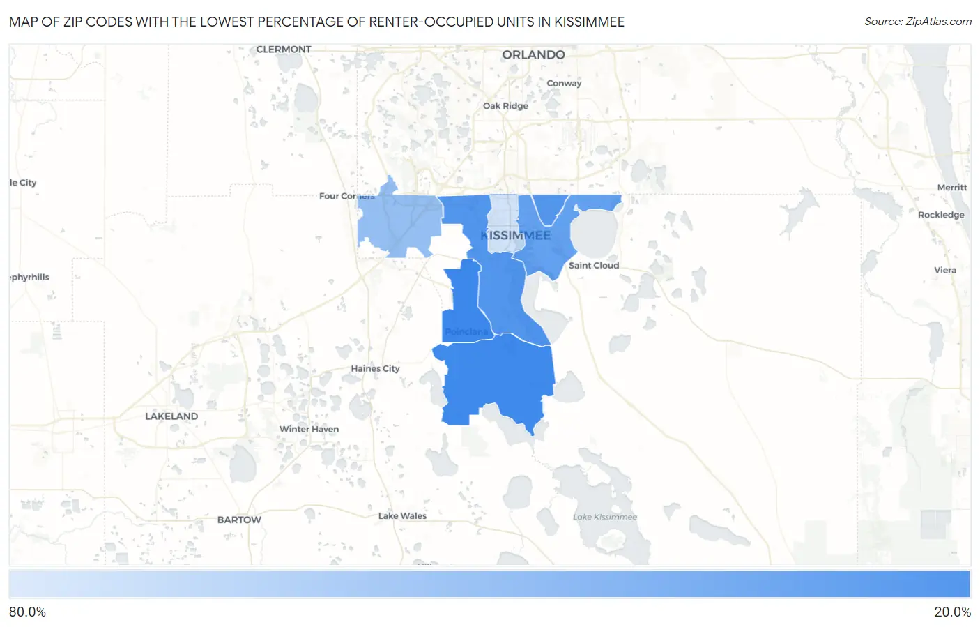 Zip Codes with the Lowest Percentage of Renter-Occupied Units in Kissimmee Map