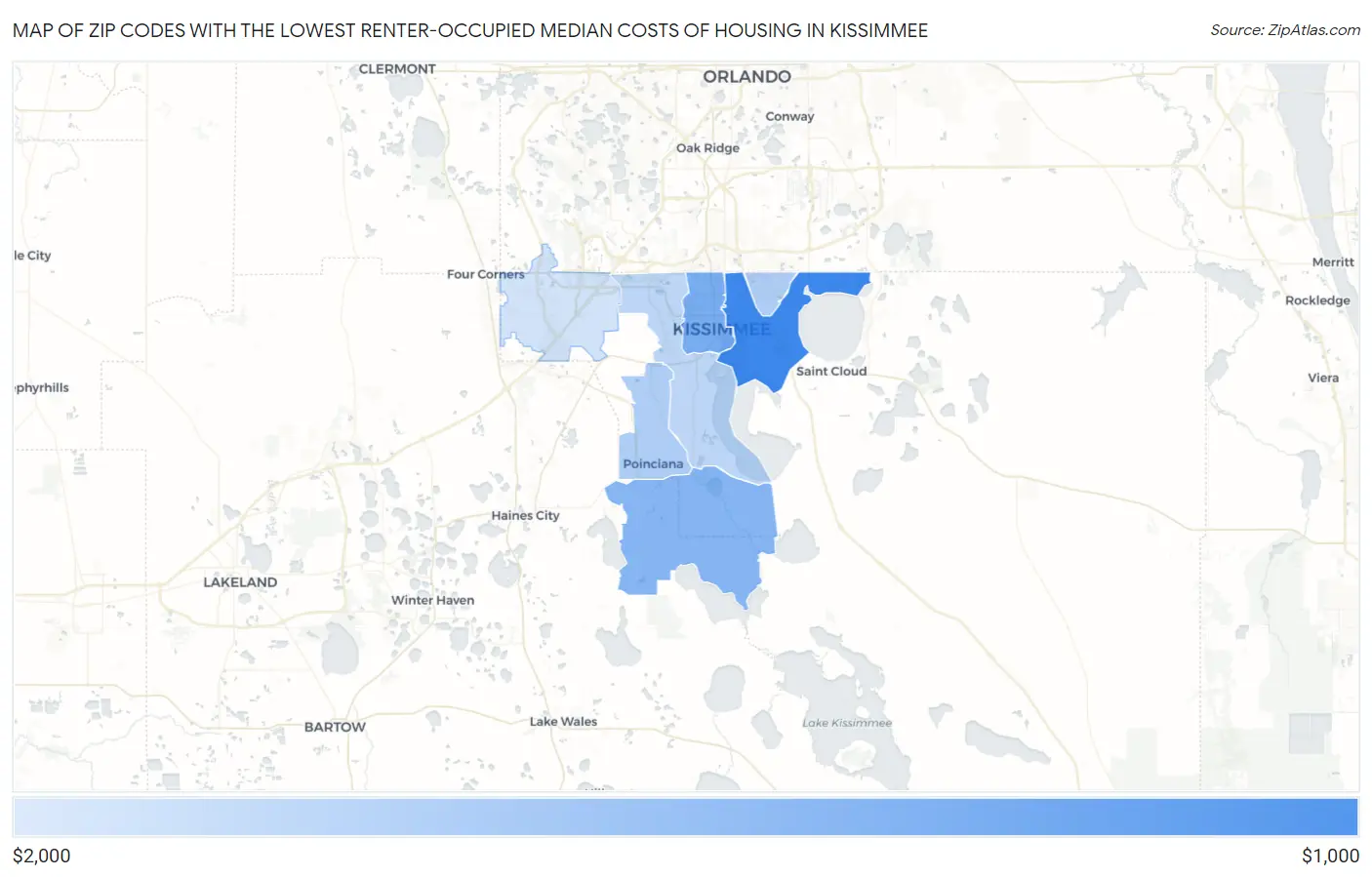 Zip Codes with the Lowest Renter-Occupied Median Costs of Housing in Kissimmee Map