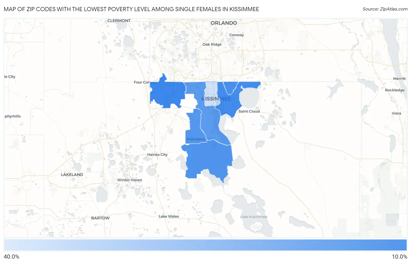 Zip Codes with the Lowest Poverty Level Among Single Females in Kissimmee Map