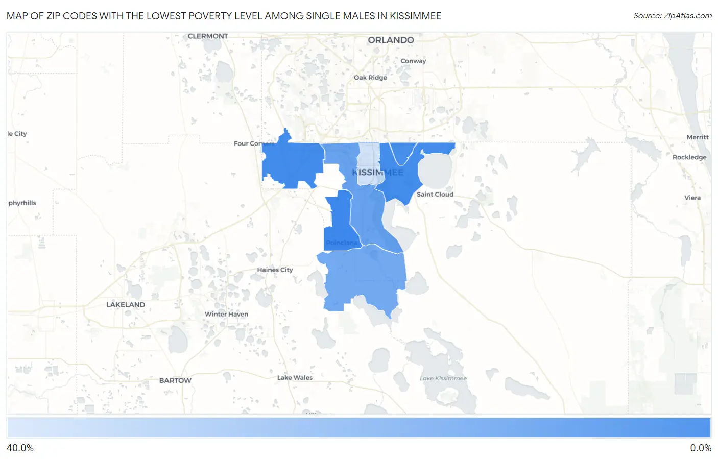 Zip Codes with the Lowest Poverty Level Among Single Males in Kissimmee Map