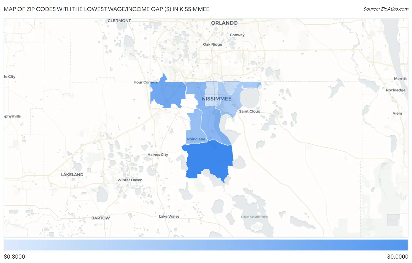 Zip Codes with the Lowest Wage/Income Gap ($) in Kissimmee Map