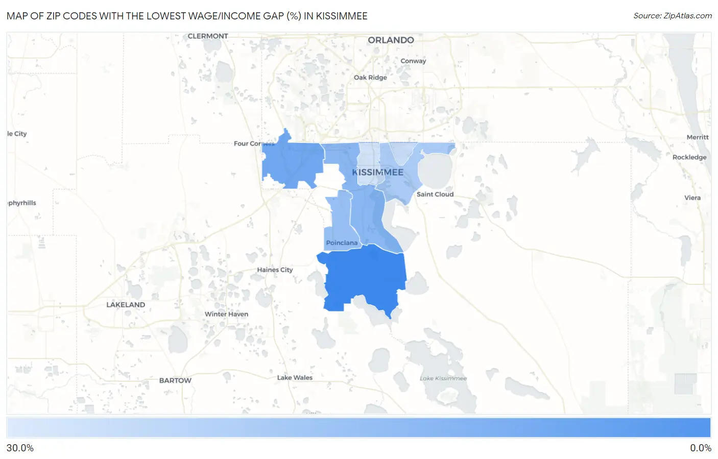 Zip Codes with the Lowest Wage/Income Gap (%) in Kissimmee Map