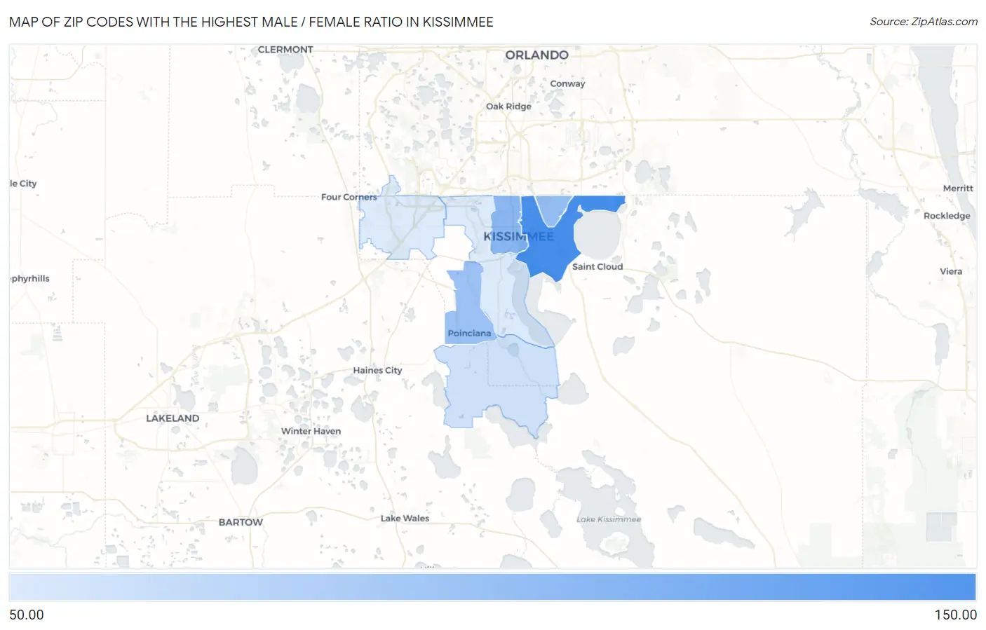 Zip Codes with the Highest Male / Female Ratio in Kissimmee Map