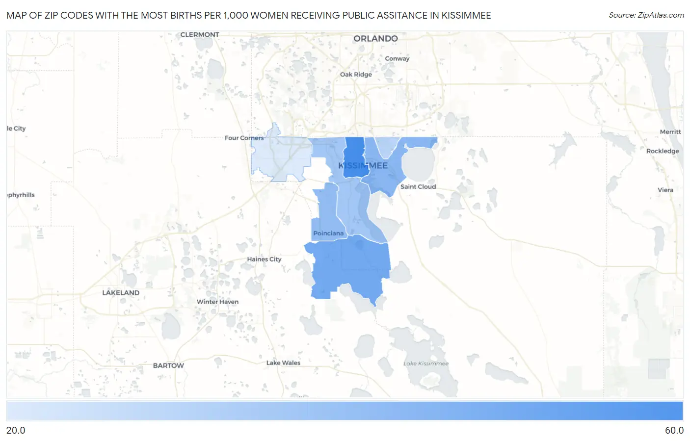 Zip Codes with the Most Births per 1,000 Women Receiving Public Assitance in Kissimmee Map