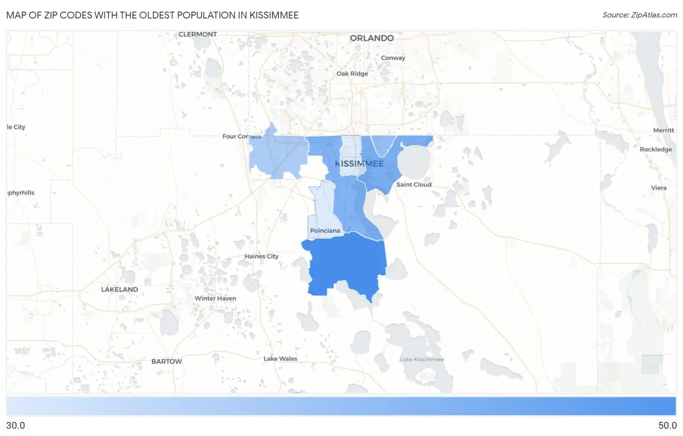 Zip Codes with the Oldest Population in Kissimmee Map