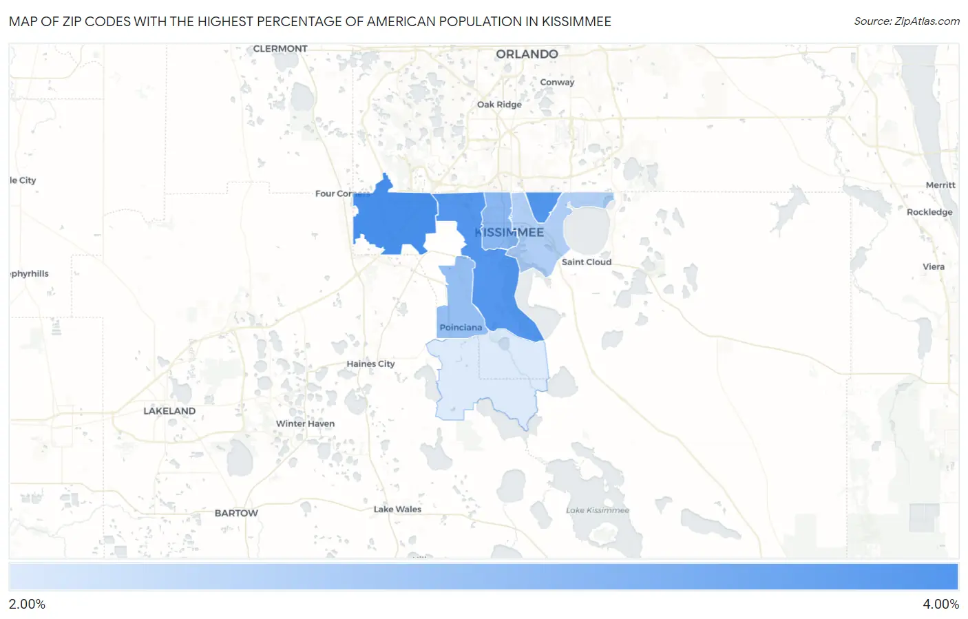 Zip Codes with the Highest Percentage of American Population in Kissimmee Map