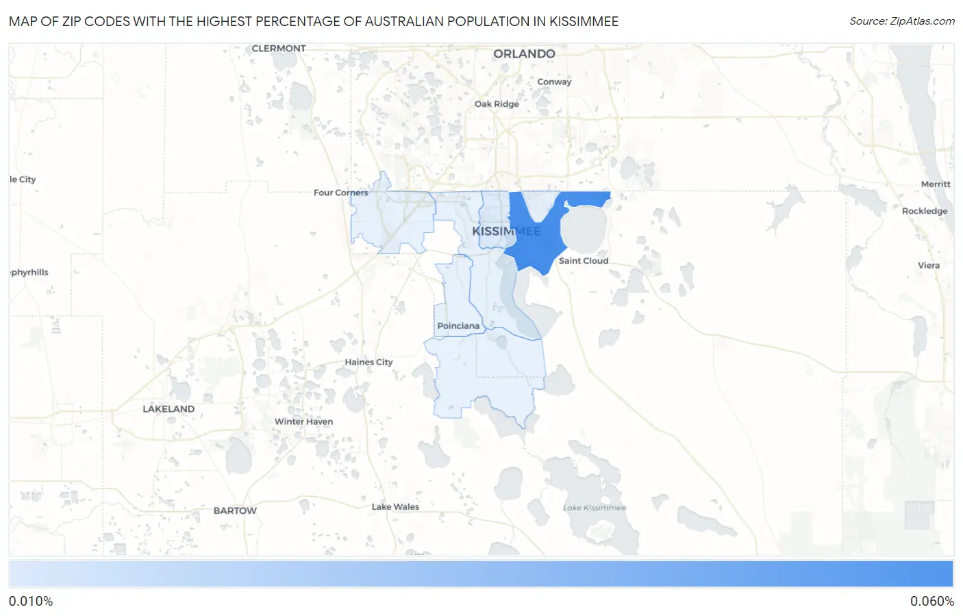 Zip Codes with the Highest Percentage of Australian Population in Kissimmee Map