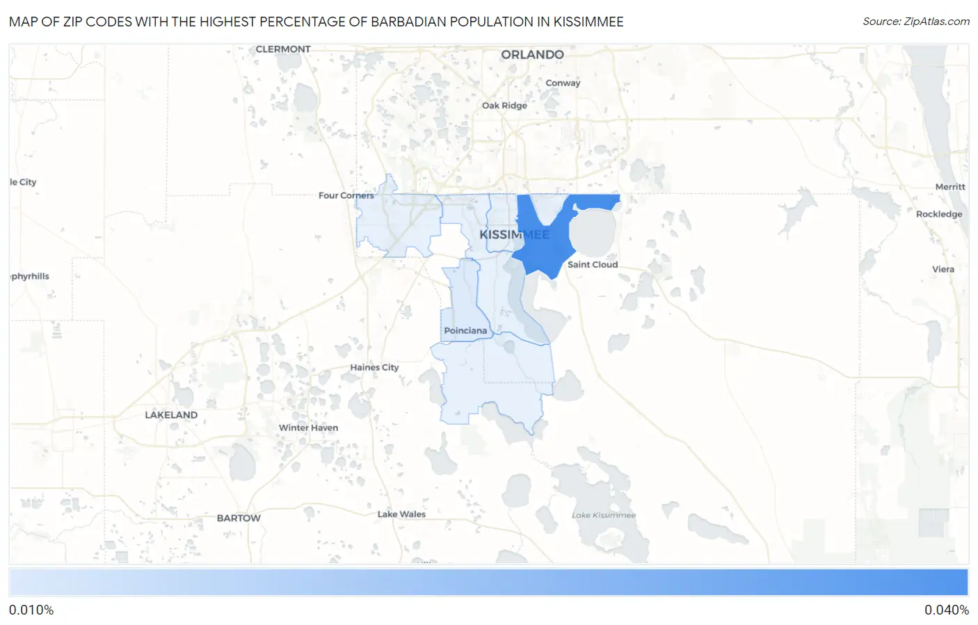 Zip Codes with the Highest Percentage of Barbadian Population in Kissimmee Map