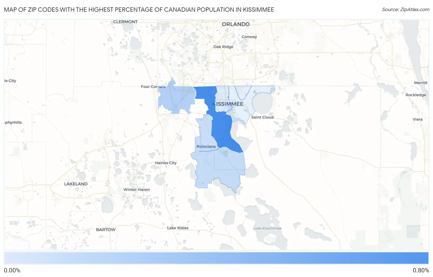 Zip Codes with the Highest Percentage of Canadian Population in Kissimmee Map