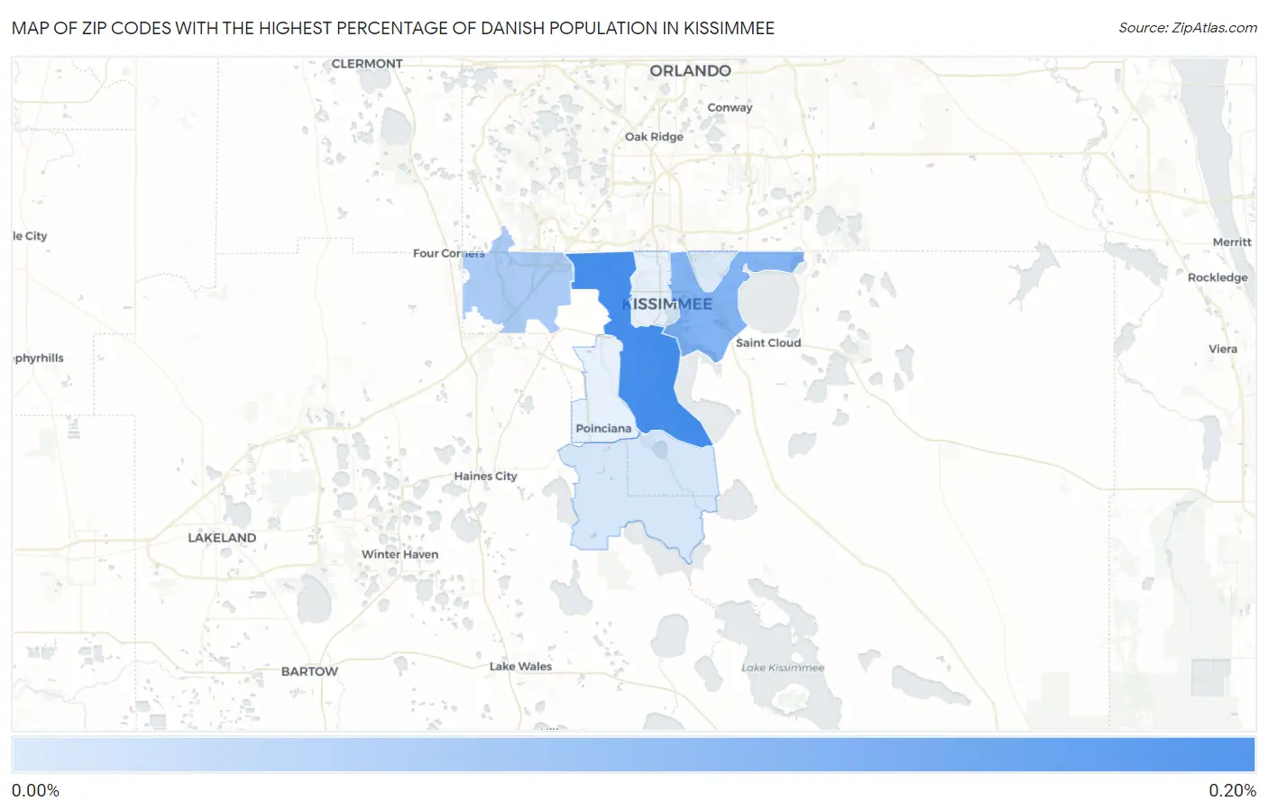 Zip Codes with the Highest Percentage of Danish Population in Kissimmee Map
