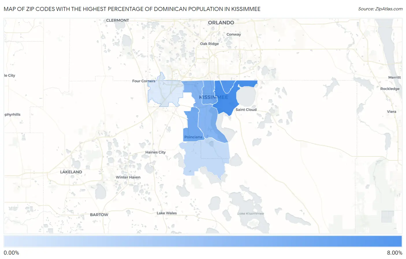 Zip Codes with the Highest Percentage of Dominican Population in Kissimmee Map