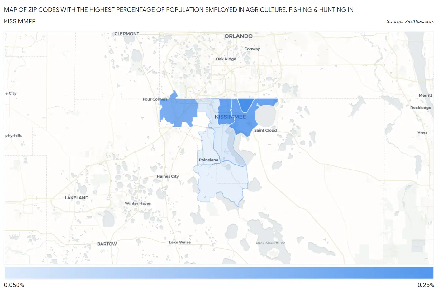 Zip Codes with the Highest Percentage of Population Employed in Agriculture, Fishing & Hunting in Kissimmee Map