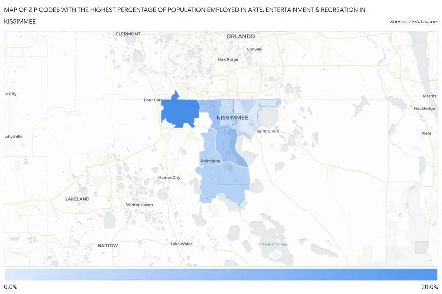 Zip Codes with the Highest Percentage of Population Employed in Arts, Entertainment & Recreation in Kissimmee Map