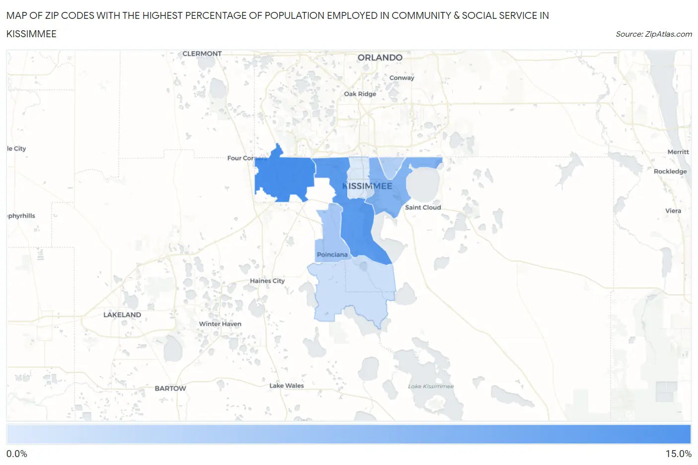 Zip Codes with the Highest Percentage of Population Employed in Community & Social Service  in Kissimmee Map