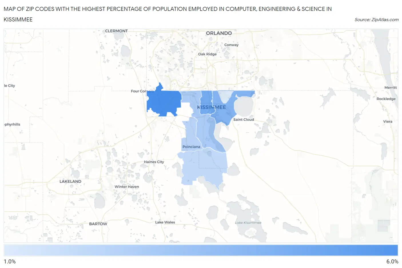 Zip Codes with the Highest Percentage of Population Employed in Computer, Engineering & Science in Kissimmee Map