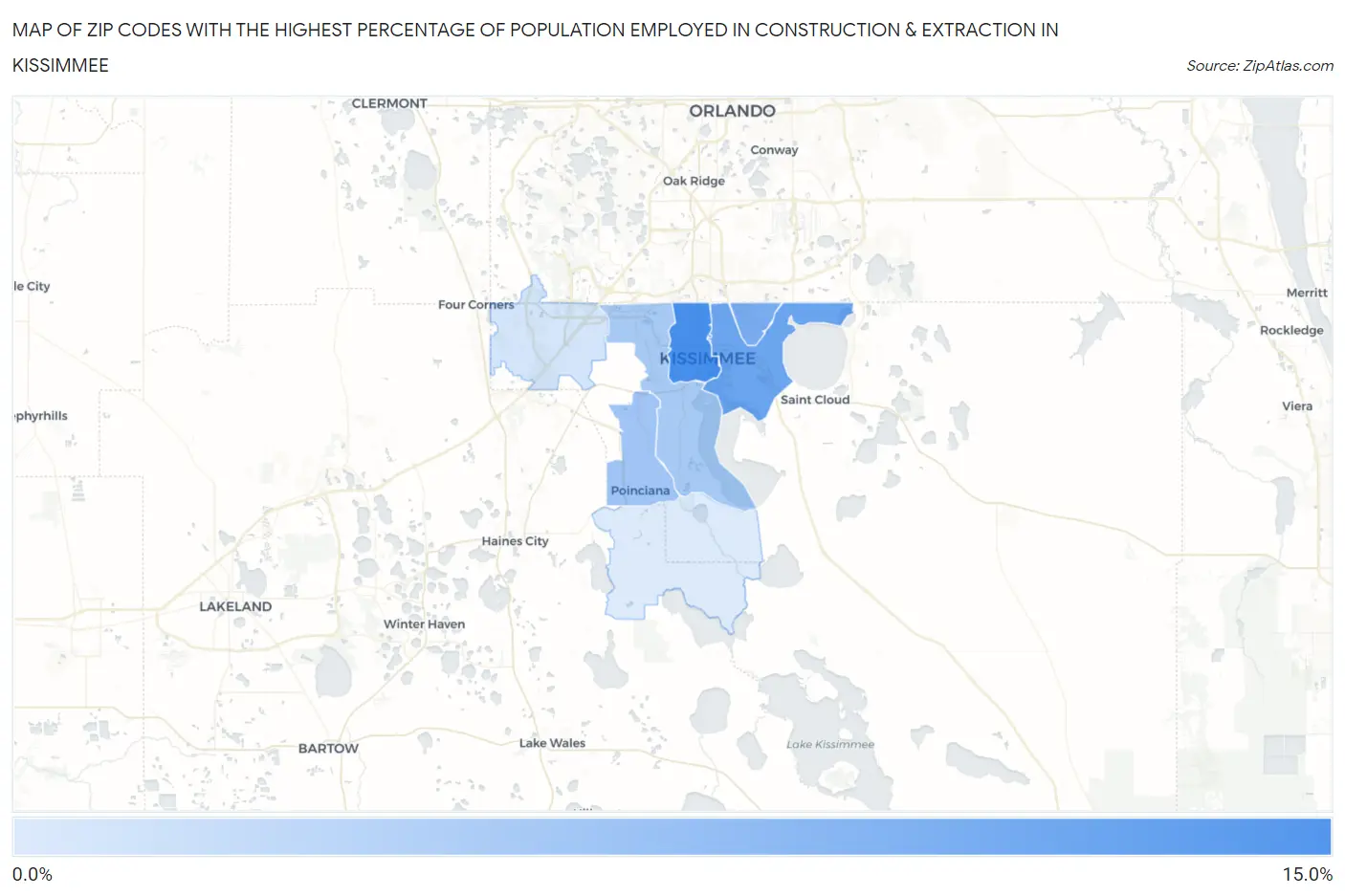 Zip Codes with the Highest Percentage of Population Employed in Construction & Extraction in Kissimmee Map