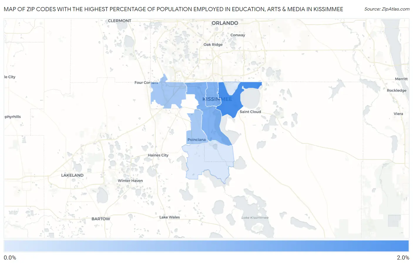 Zip Codes with the Highest Percentage of Population Employed in Education, Arts & Media in Kissimmee Map