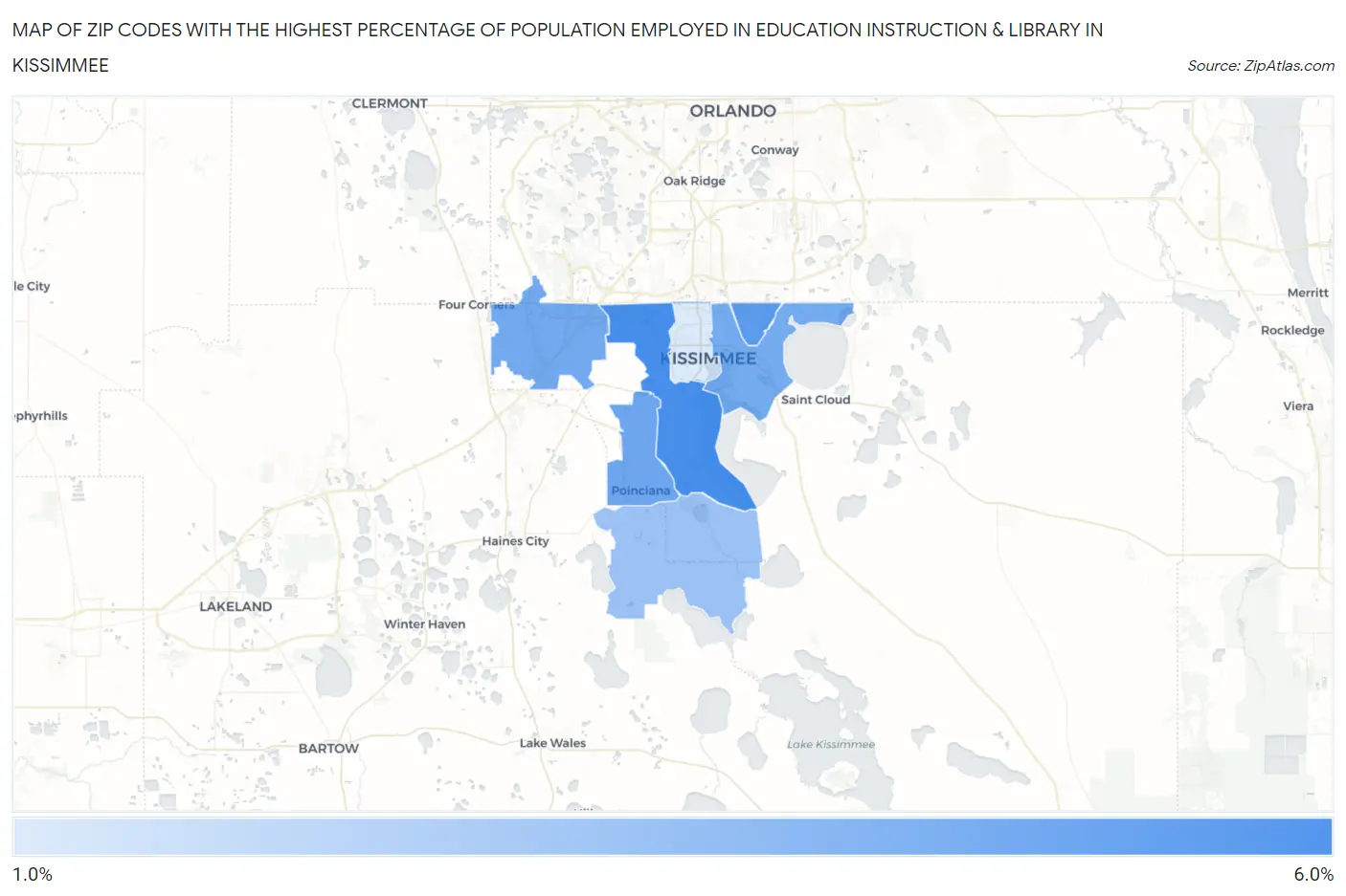 Zip Codes with the Highest Percentage of Population Employed in Education Instruction & Library in Kissimmee Map
