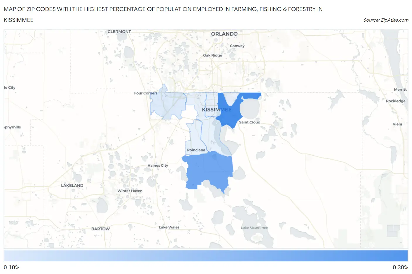 Zip Codes with the Highest Percentage of Population Employed in Farming, Fishing & Forestry in Kissimmee Map