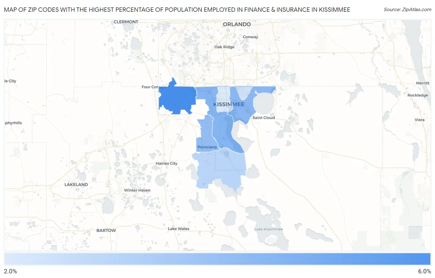 Zip Codes with the Highest Percentage of Population Employed in Finance & Insurance in Kissimmee Map
