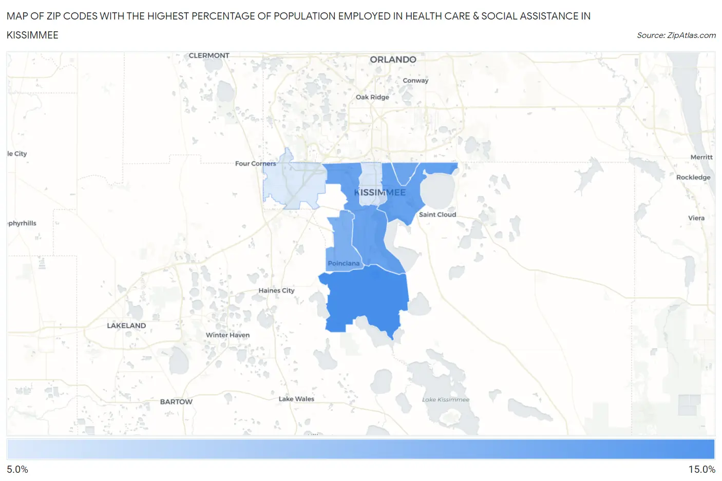 Zip Codes with the Highest Percentage of Population Employed in Health Care & Social Assistance in Kissimmee Map