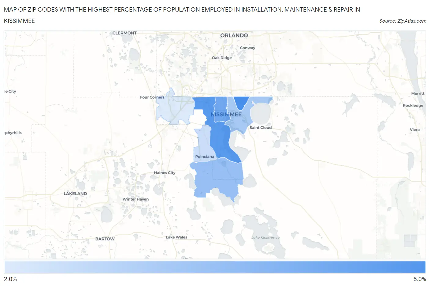 Zip Codes with the Highest Percentage of Population Employed in Installation, Maintenance & Repair in Kissimmee Map
