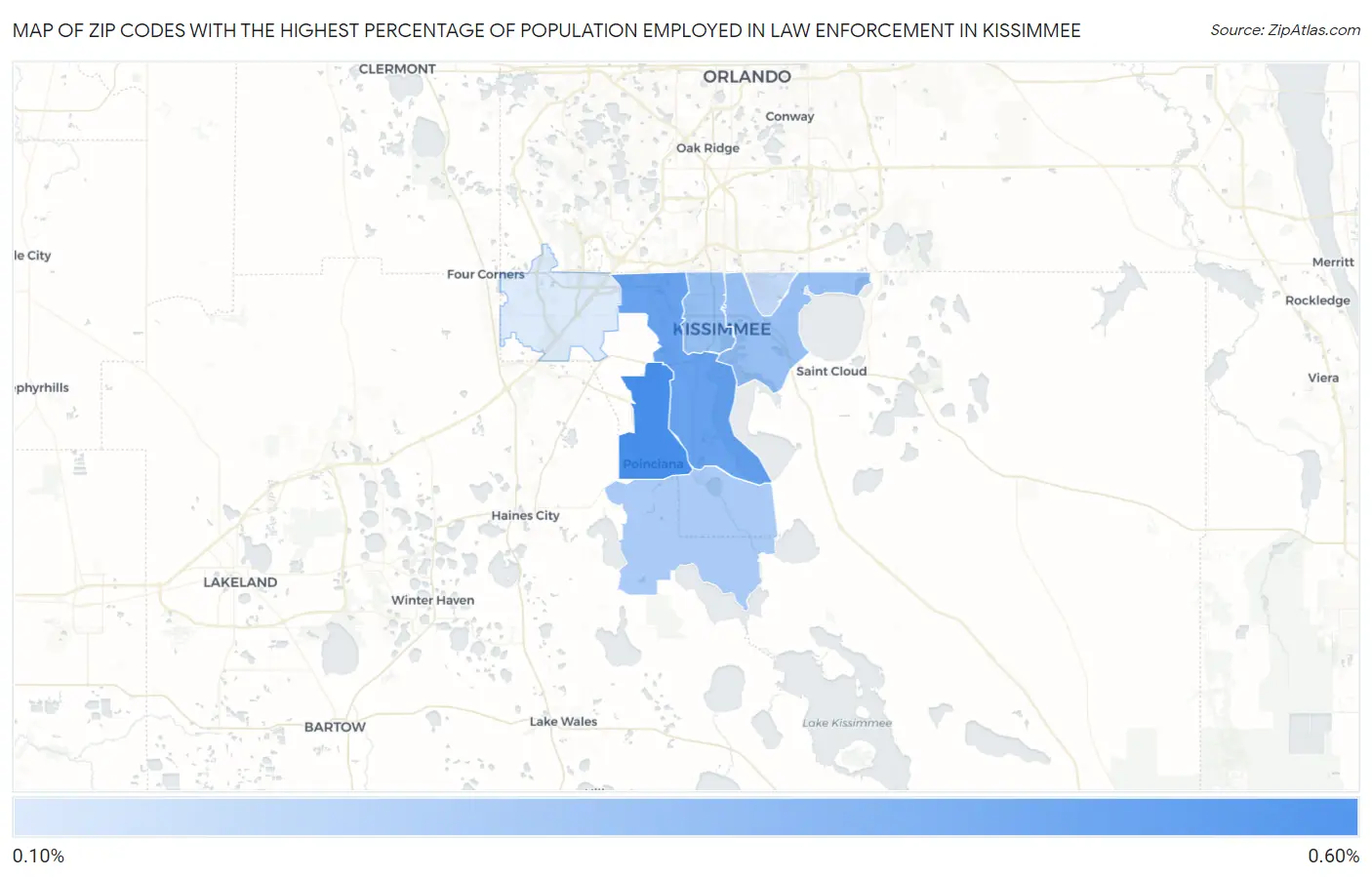 Zip Codes with the Highest Percentage of Population Employed in Law Enforcement in Kissimmee Map