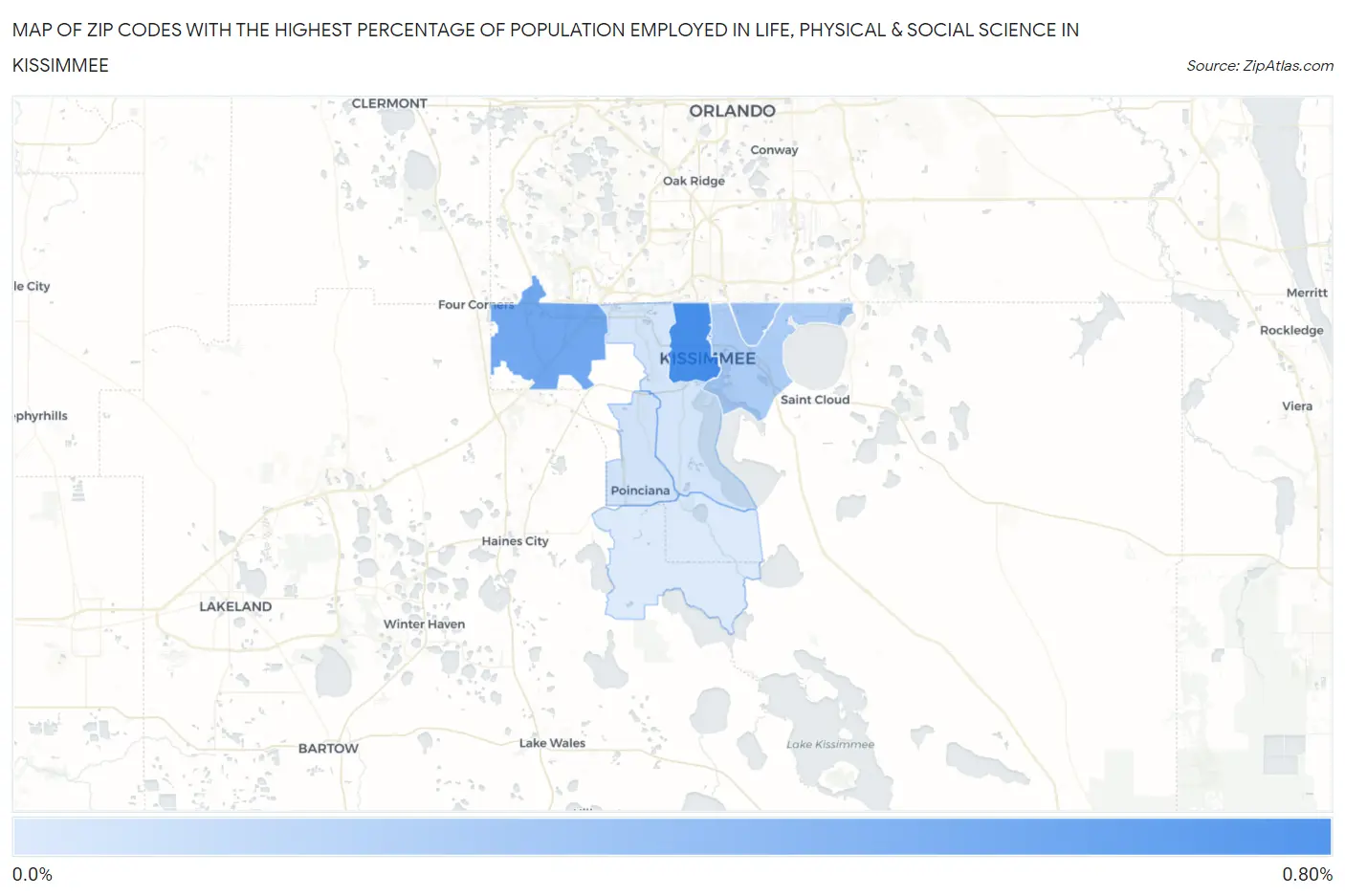 Zip Codes with the Highest Percentage of Population Employed in Life, Physical & Social Science in Kissimmee Map