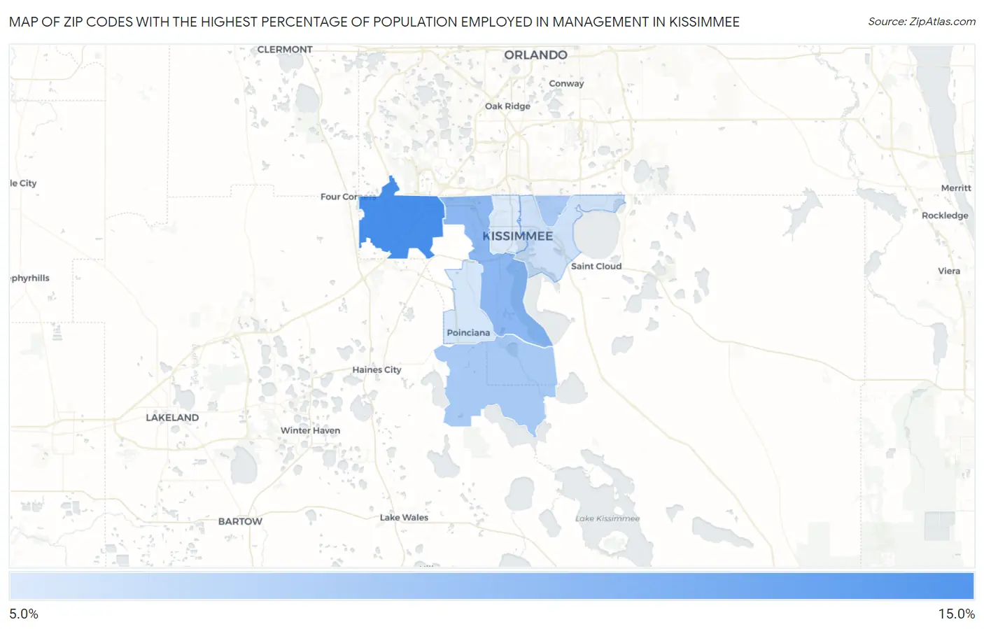 Zip Codes with the Highest Percentage of Population Employed in Management in Kissimmee Map